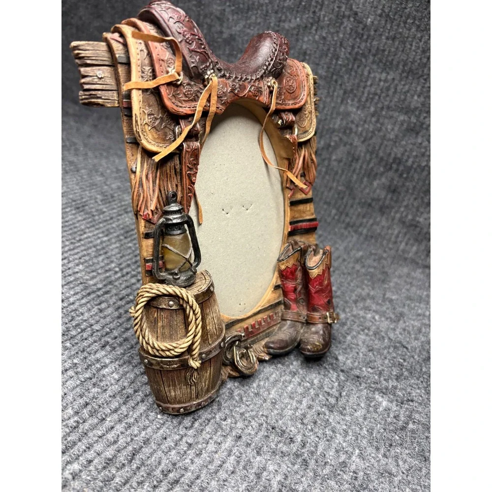 Western Cowboy Saddle Boots Resin Picture Frame Oval Rustic Farmhouse Decor